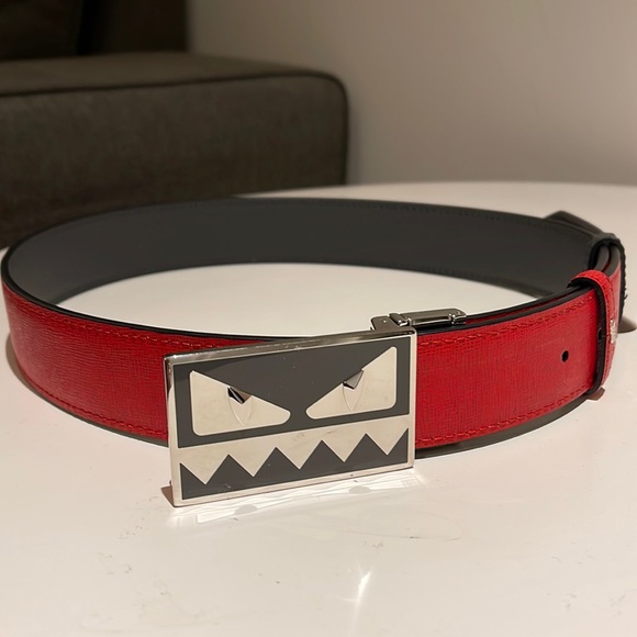 SOLD Authentic FENDI bug eye reversible belt (red/grey) - Picture 1 of 5